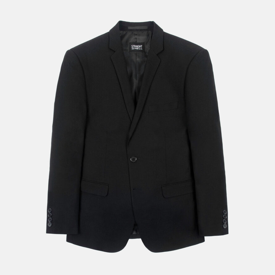 The Orleans is a black blazer featuring notched lapels and two button closure. It can be worn as a suit or worn casually with denim.