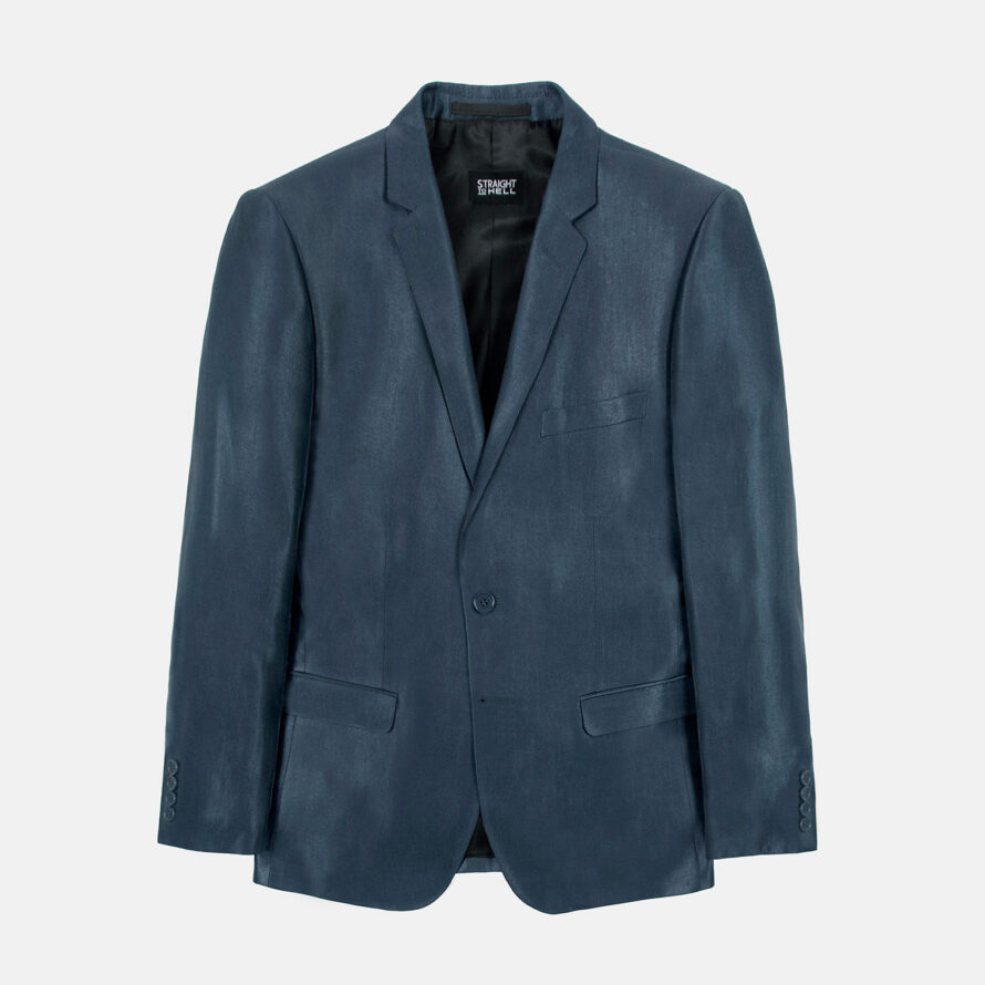 The Orleans is a blue tonic blazer featuring notched lapels and duel button closure.