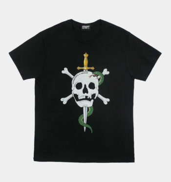 Bold skull and bones, snake, and dagger artwork channels the spirit of 1980s heavy metal and skateboard art. Short sleeve t-shirt made from soft cotton.
