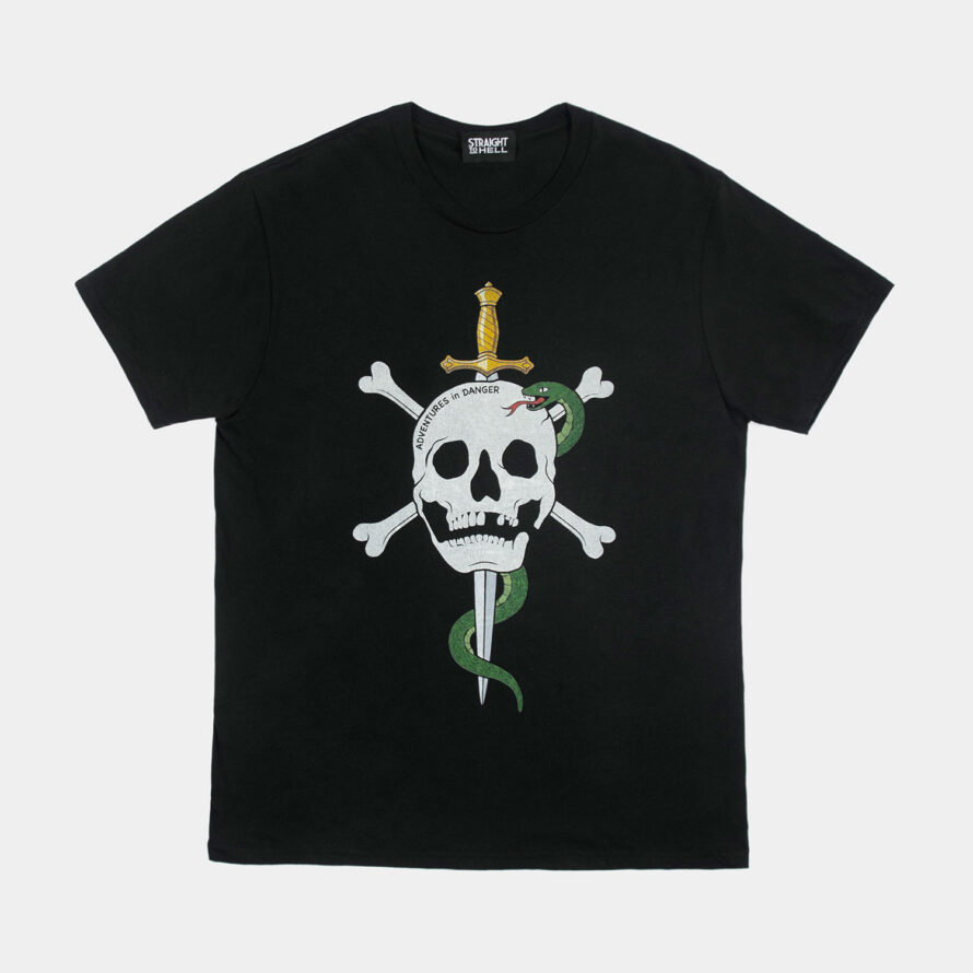Bold skull and bones, snake, and dagger artwork channels the spirit of 1980s heavy metal and skateboard art. Short sleeve t-shirt made from soft cotton.