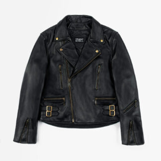 The Defector leather jacket combines old school style with stand-out features, notably a forearm zipper, brass ball pull zippers, side straps, and a curved hem.