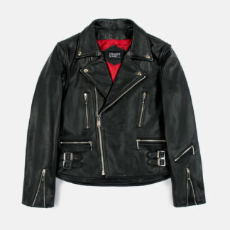 The Defector leather jacket combines old school style with stand-out features, notably a forearm zipper, silver ball pull zippers, side straps, and a curved hem.