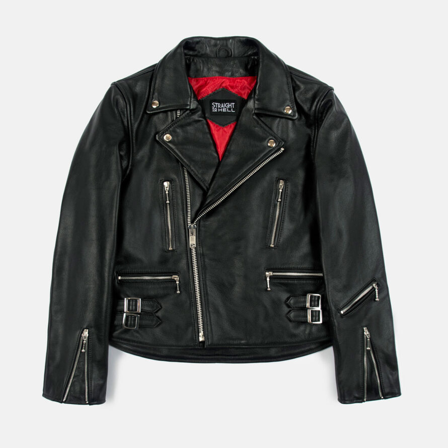 The Defector leather jacket combines old school style with stand-out features, notably a forearm zipper, silver ball pull zippers, side straps, and a curved hem.