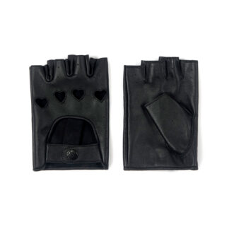 The Heartattack are men’s leather fingerless gloves with cutout hearts for knuckles. Soft leather quickly conforms to your hand’s shape.