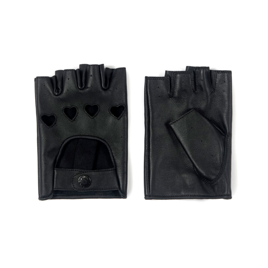 The Heartattack are men’s leather fingerless gloves with cutout hearts for knuckles. Soft leather quickly conforms to your hand’s shape.
