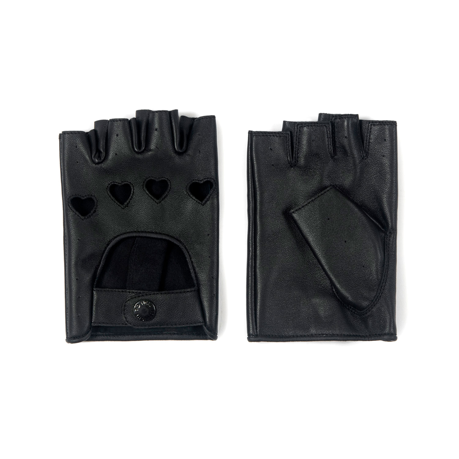 The Heartattack are men’s leather fingerless gloves with cutout hearts for knuckles. Soft leather quickly conforms to your hand’s shape.