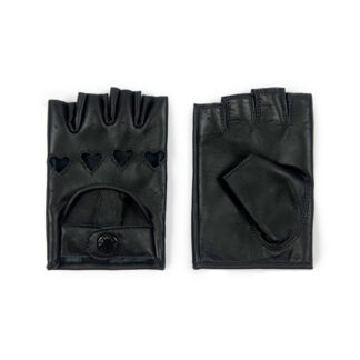 The Heartattack are women’s leather fingerless gloves with cutout hearts for knuckles. Soft leather quickly conforms to your hand’s shape.