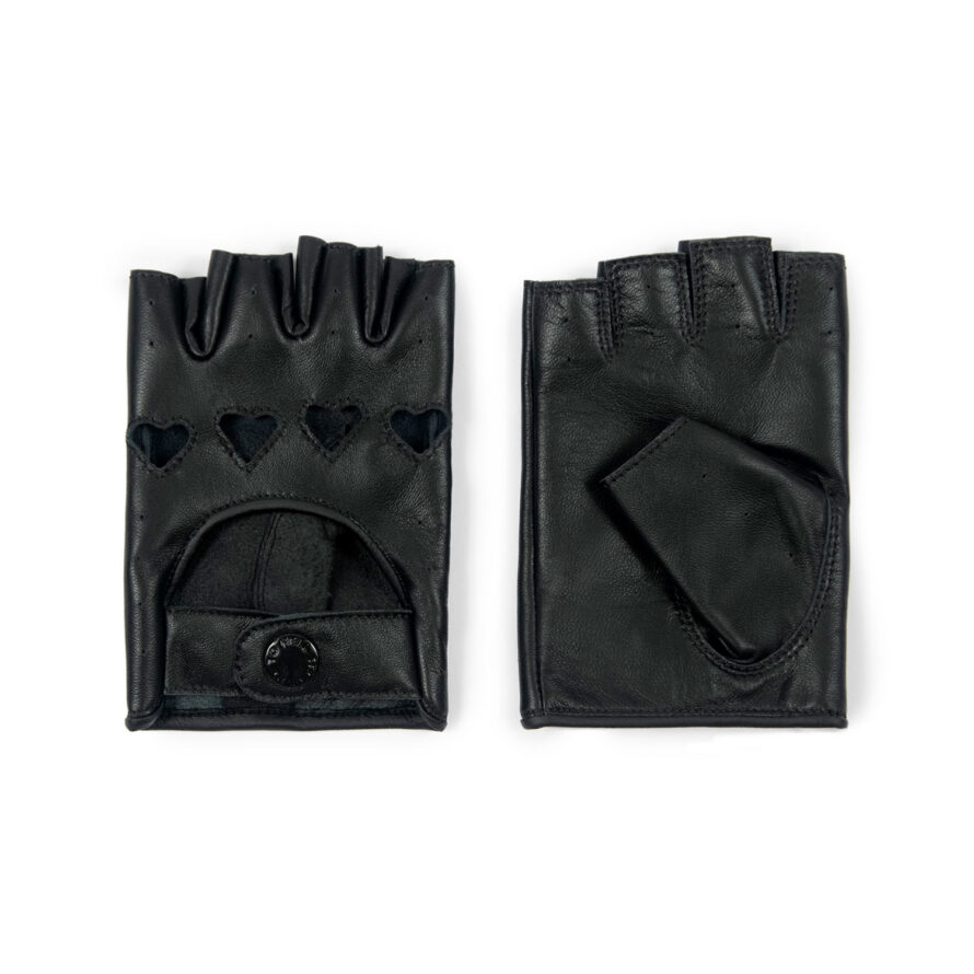 The Heartattack are women’s leather fingerless gloves with cutout hearts for knuckles. Soft leather quickly conforms to your hand’s shape.