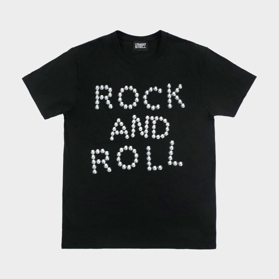 A pattern of illustrated studs comes together to spell three of our favorite words: “Rock and Roll.” Short sleeve t-shirt made from soft cotton. Printed in-house in Chicago. This is our Everyday fit.