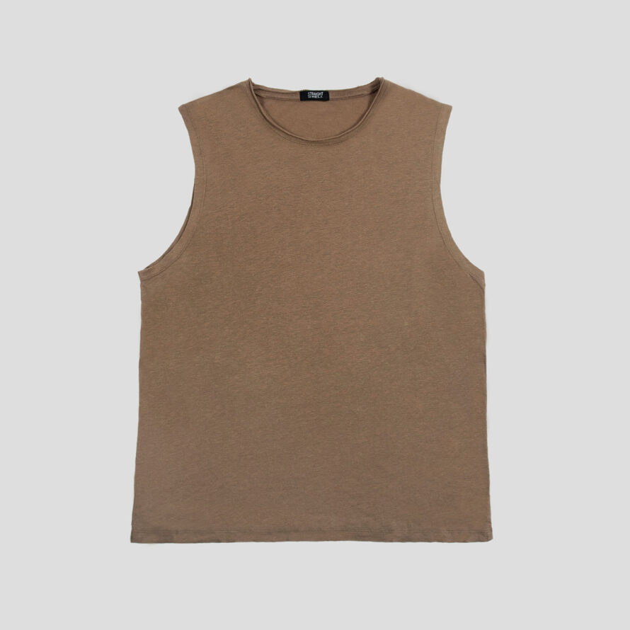 Wild Side - Brown Linen Tank Top with Raw Neck