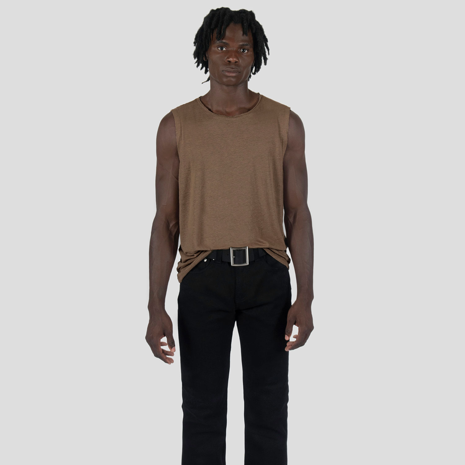 Wild Side - Brown Linen Tank Top with Raw Neck