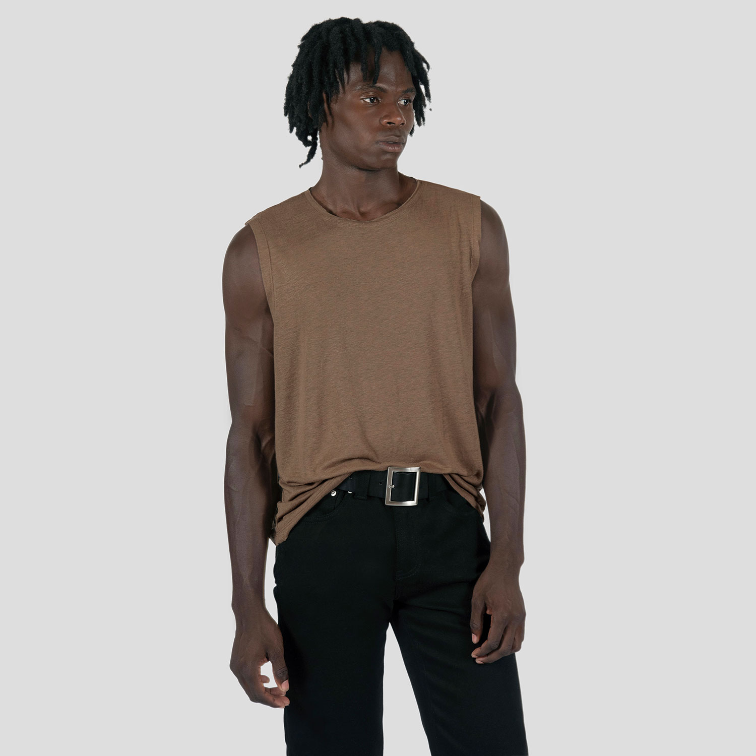 Wild Side - Brown Linen Tank Top with Raw Neck