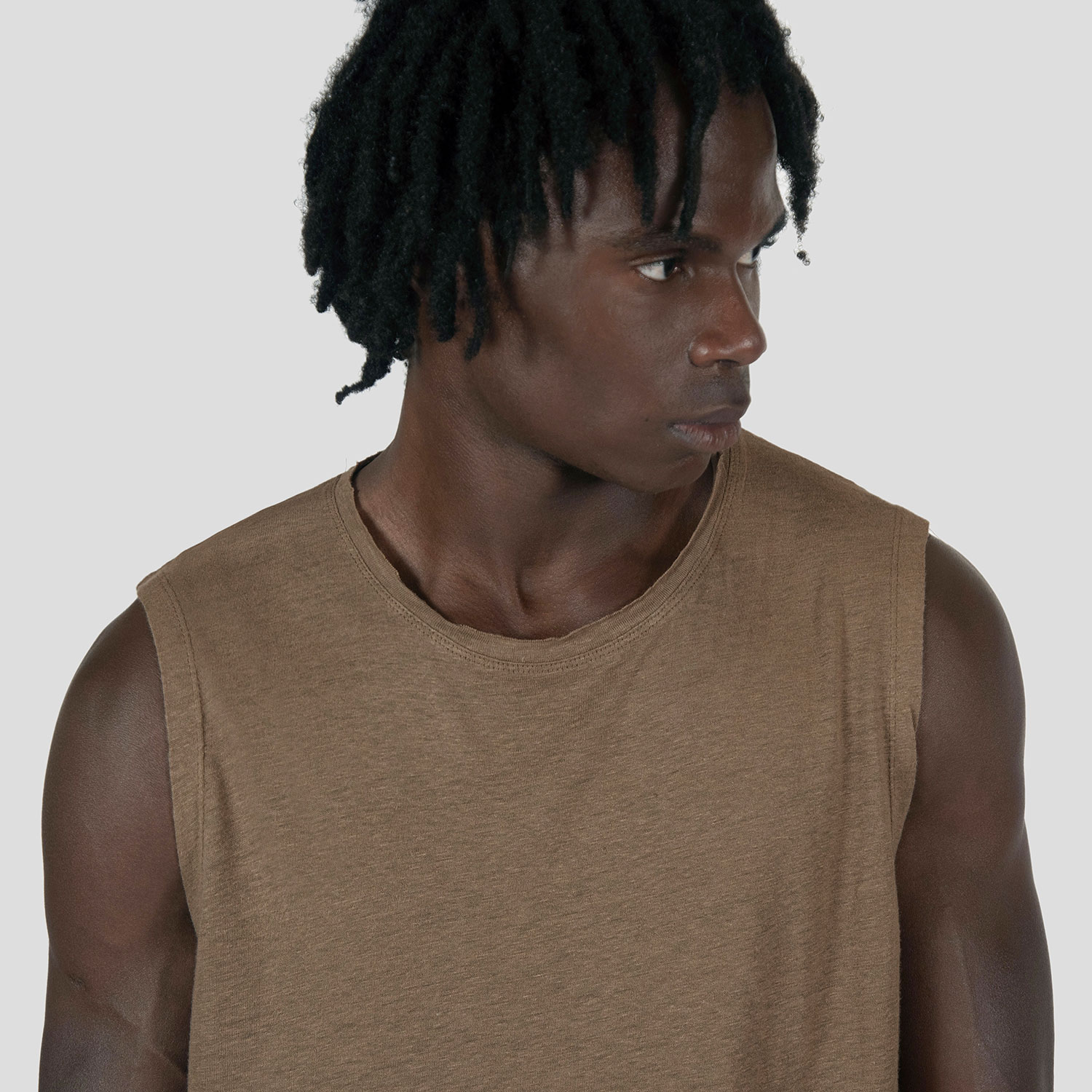 Wild Side - Brown Linen Tank Top with Raw Neck