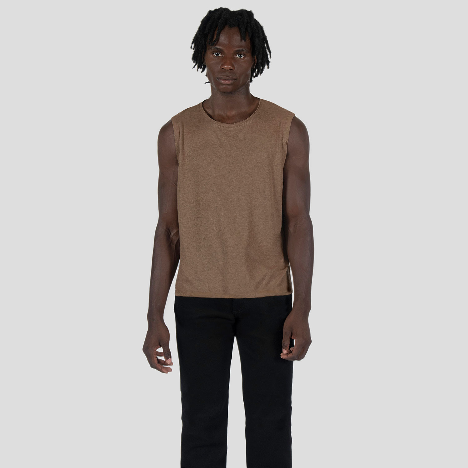 Wild Side - Brown Linen Tank Top with Raw Neck