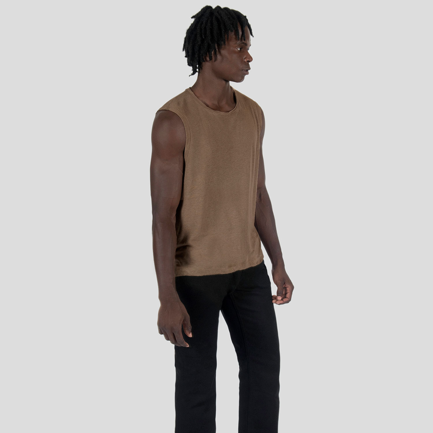 Wild Side - Brown Linen Tank Top with Raw Neck