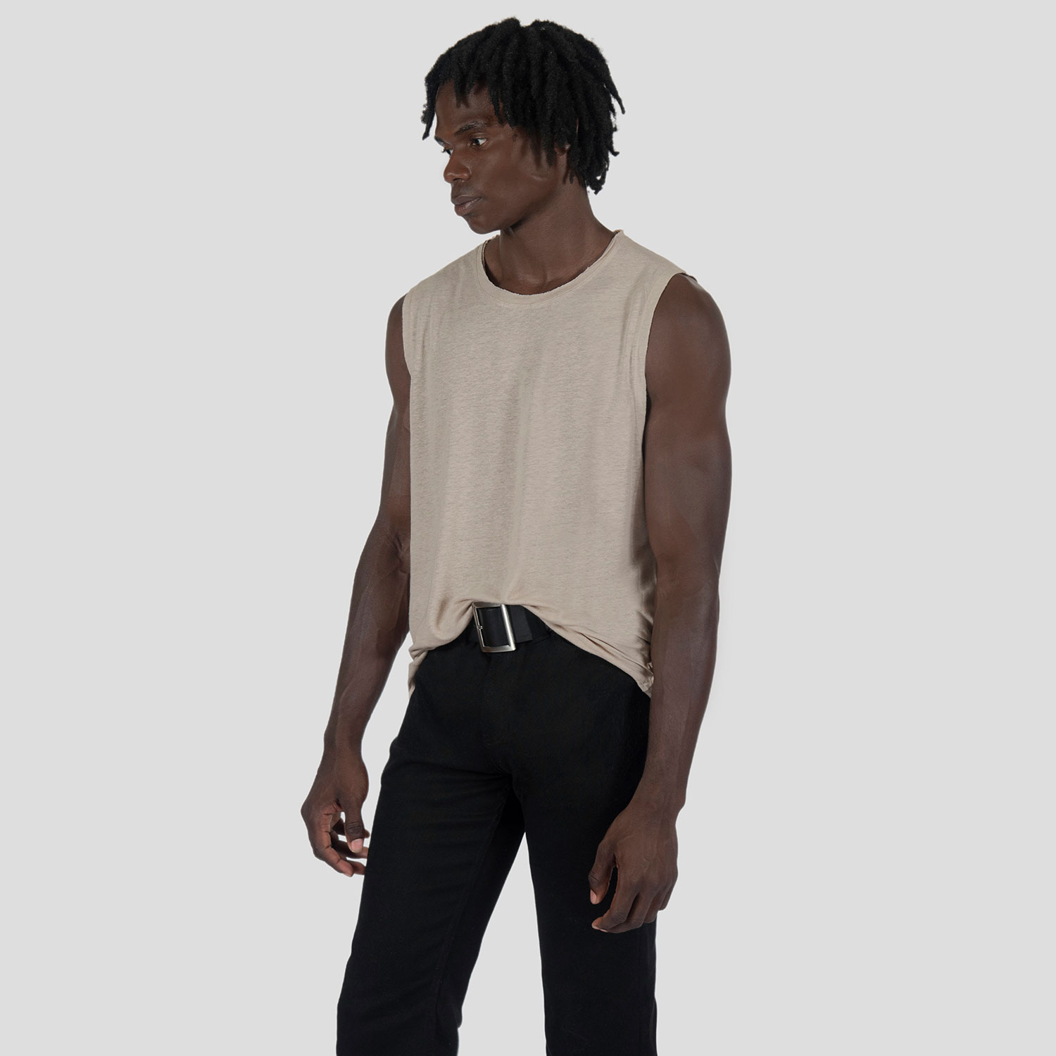 Wild Side - Oatmeal Linen Tank Top with Raw Neck