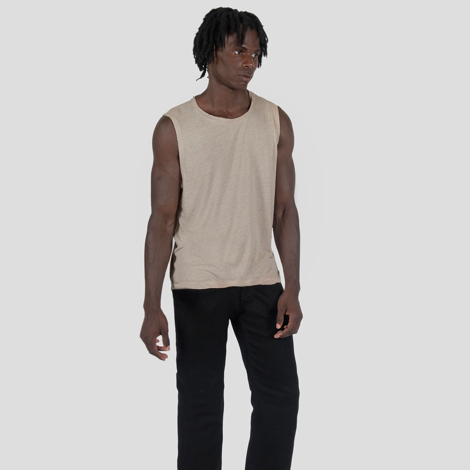 Wild Side - Oatmeal Linen Tank Top with Raw Neck
