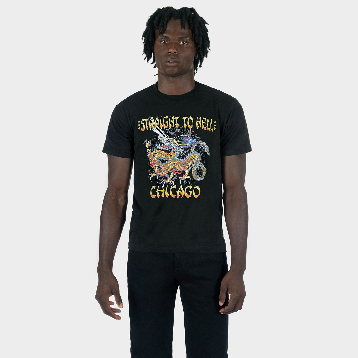 Chicago by way of dragons and rock ’n’ roll and classic album covers. CHICAGOTOWN. Turn it up and play it loud. Short sleeve t-shirt made from soft cotton. Printed in-house in Chicago. This is our Everyday fit.