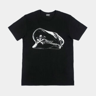 A leather motorcycle cap, done the Straight To Hell way. Short sleeve t-shirt made from soft cotton. Printed in-house in Chicago. This is our Everyday fit. If unsure of your size, email or DM so we can assist. Everyday fit: standard fit. Men can wear your usual size. Women can also wear in a unisex fit by sizing down one time. Water-based ink washes to a vintage look and feel. Printed in Chicago, Illinois, USA.