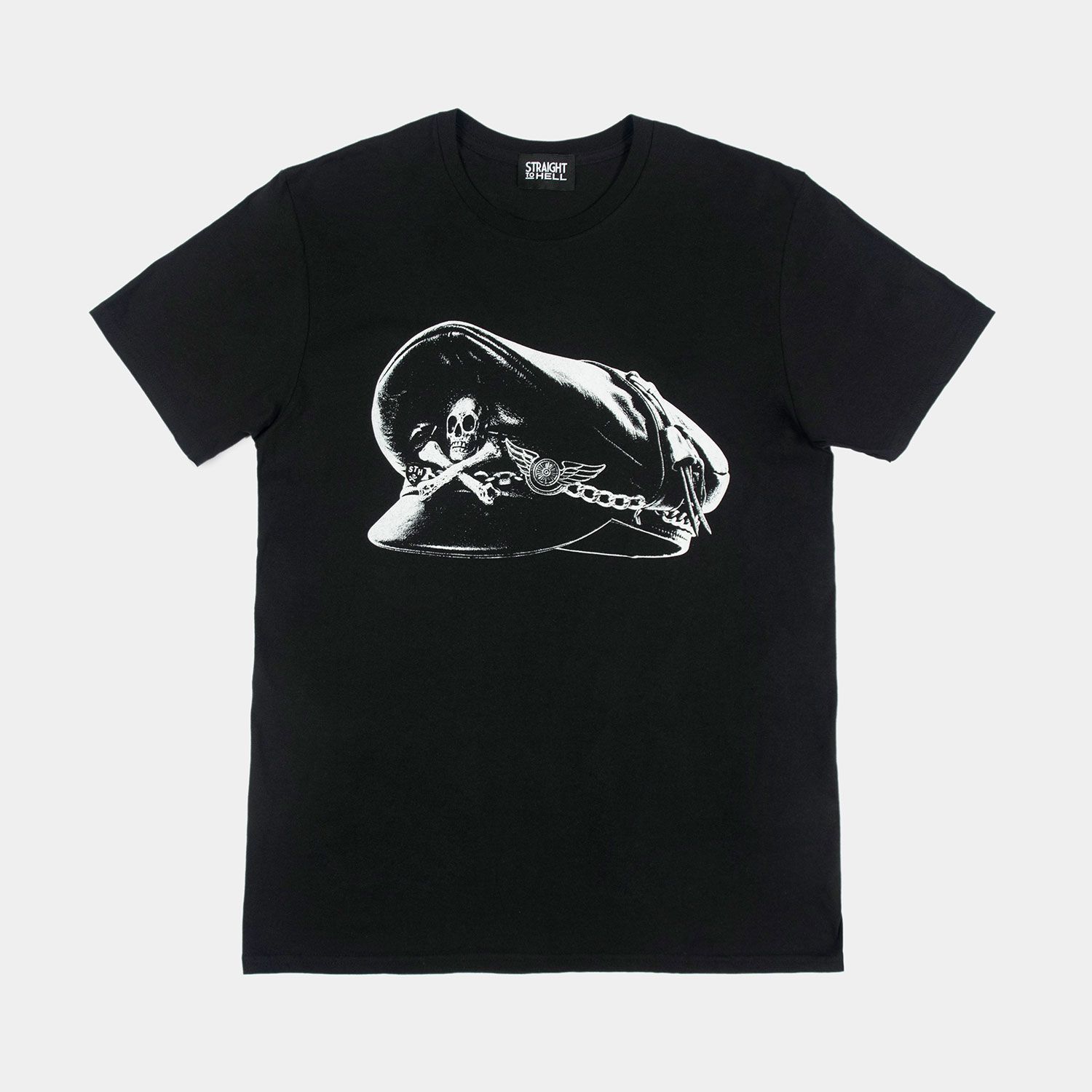 A leather motorcycle cap, done the Straight To Hell way. Short sleeve t-shirt made from soft cotton. Printed in-house in Chicago. This is our Everyday fit. If unsure of your size, email or DM so we can assist. Everyday fit: standard fit. Men can wear your usual size. Women can also wear in a unisex fit by sizing down one time. Water-based ink washes to a vintage look and feel. Printed in Chicago, Illinois, USA.