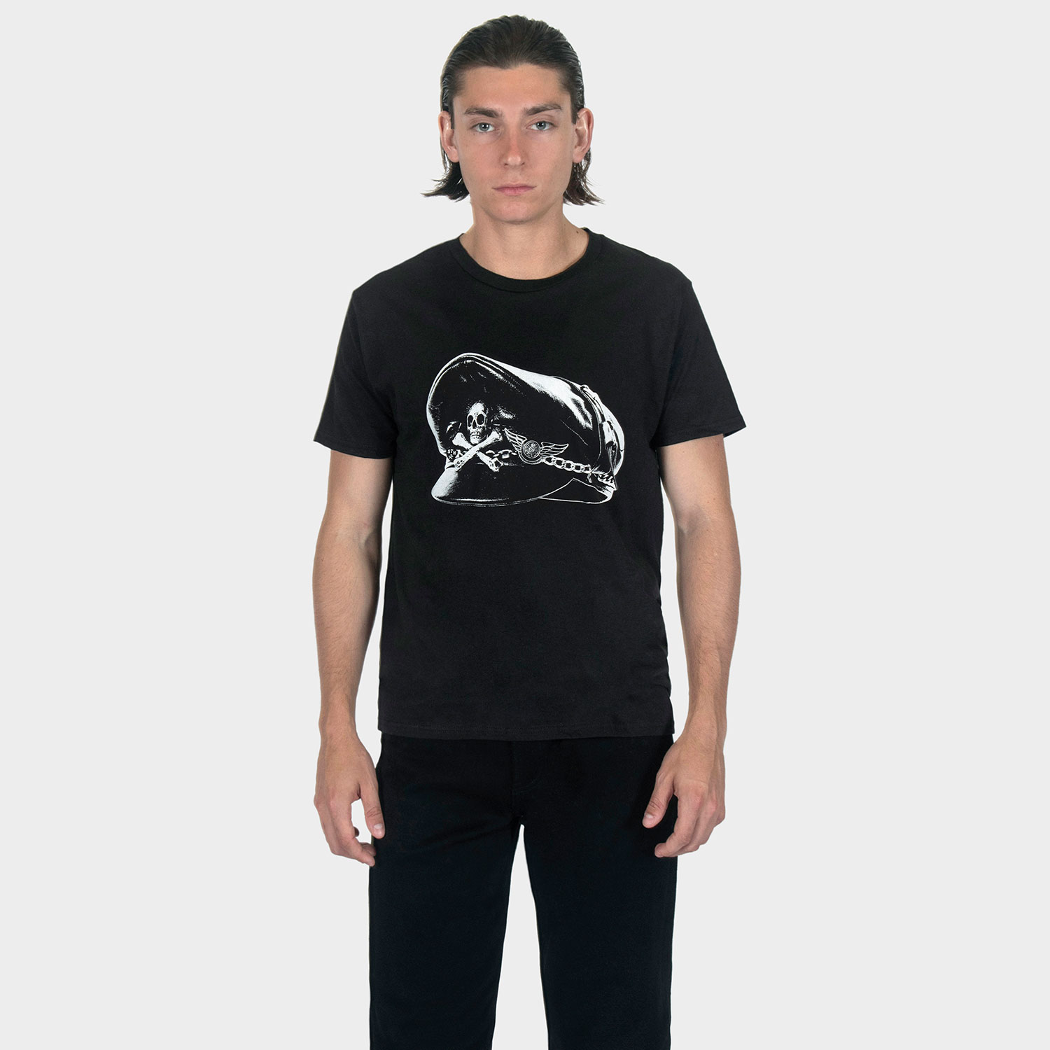 A leather motorcycle cap, done the Straight To Hell way. Short sleeve t-shirt made from soft cotton. Printed in-house in Chicago. This is our Everyday fit. If unsure of your size, email or DM so we can assist. Everyday fit: standard fit. Men can wear your usual size. Women can also wear in a unisex fit by sizing down one time. Water-based ink washes to a vintage look and feel. Printed in Chicago, Illinois, USA.