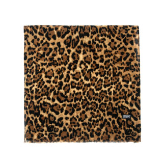 The Lux is a medium weight, leopard print scarf measuring 58 inches. Made to be worn long in front or wrapped around the neck.