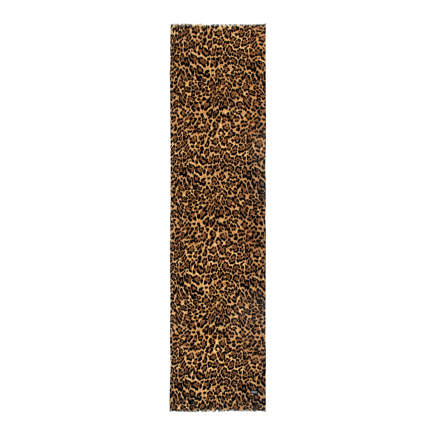 The Lux is a medium weight, leopard print scarf measuring 58 inches. Made to be worn long in front or wrapped around the neck.