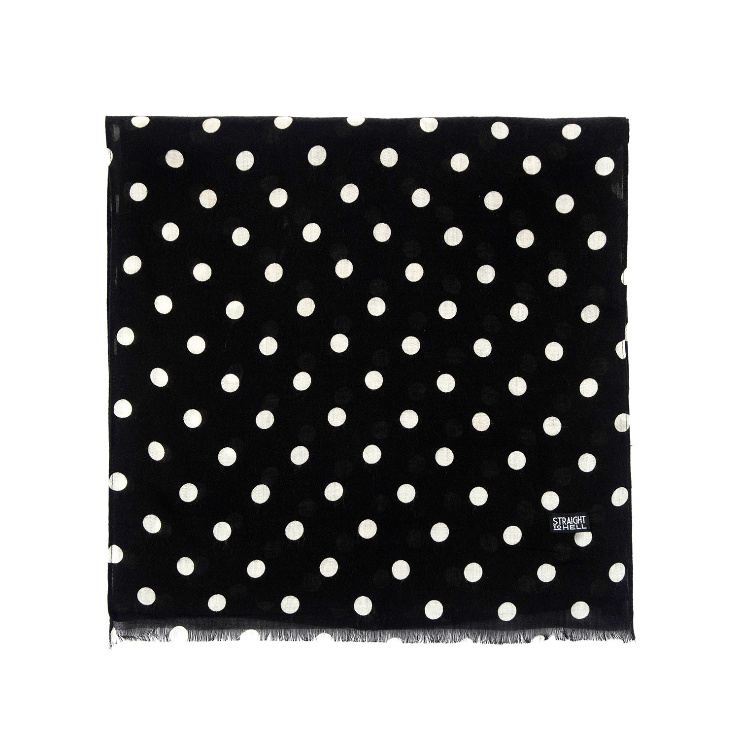 The Prince of Tears is a medium weight, polka dot scarf measuring 58 inches. Made to be worn long in front or wrapped around the neck.