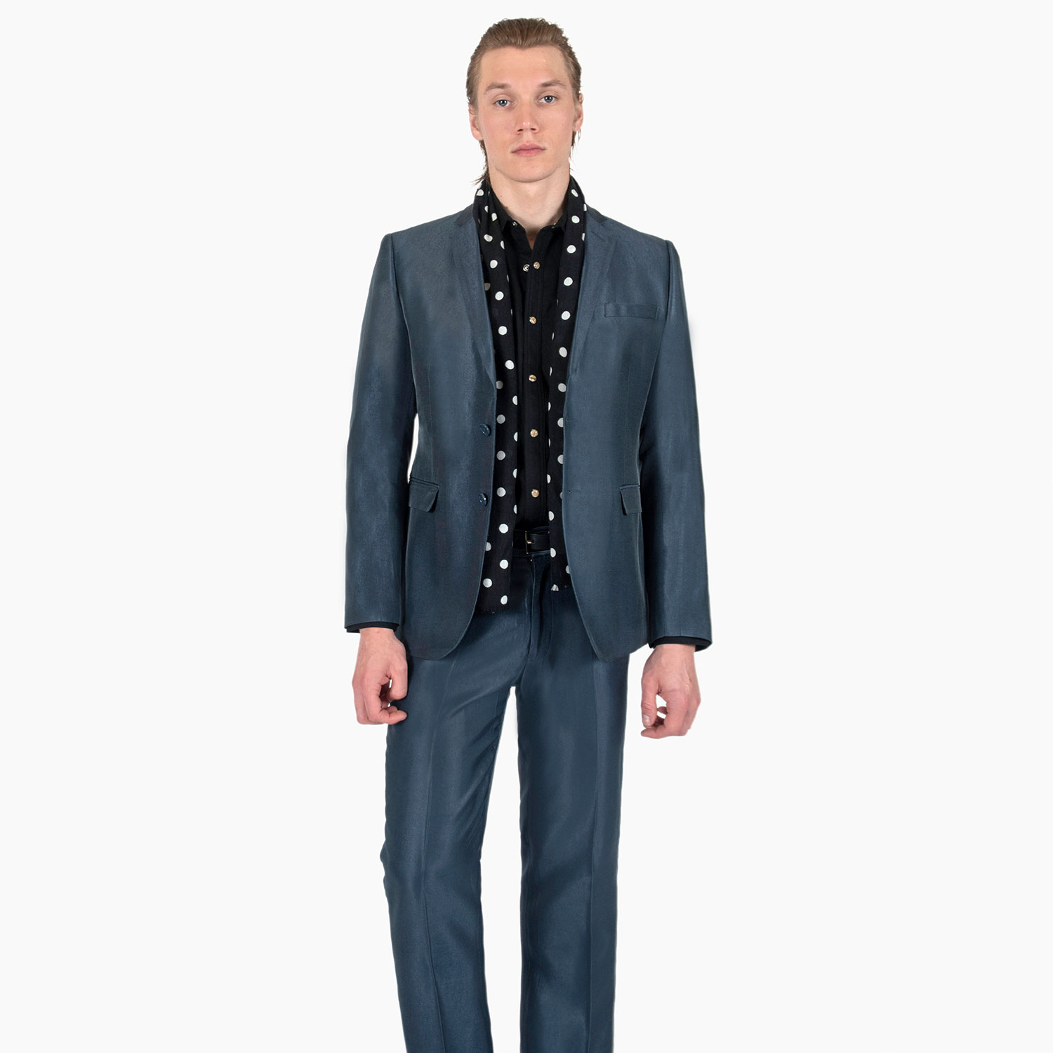 The Prince of Tears is a medium weight, polka dot scarf measuring 58 inches. Made to be worn long in front or wrapped around the neck.