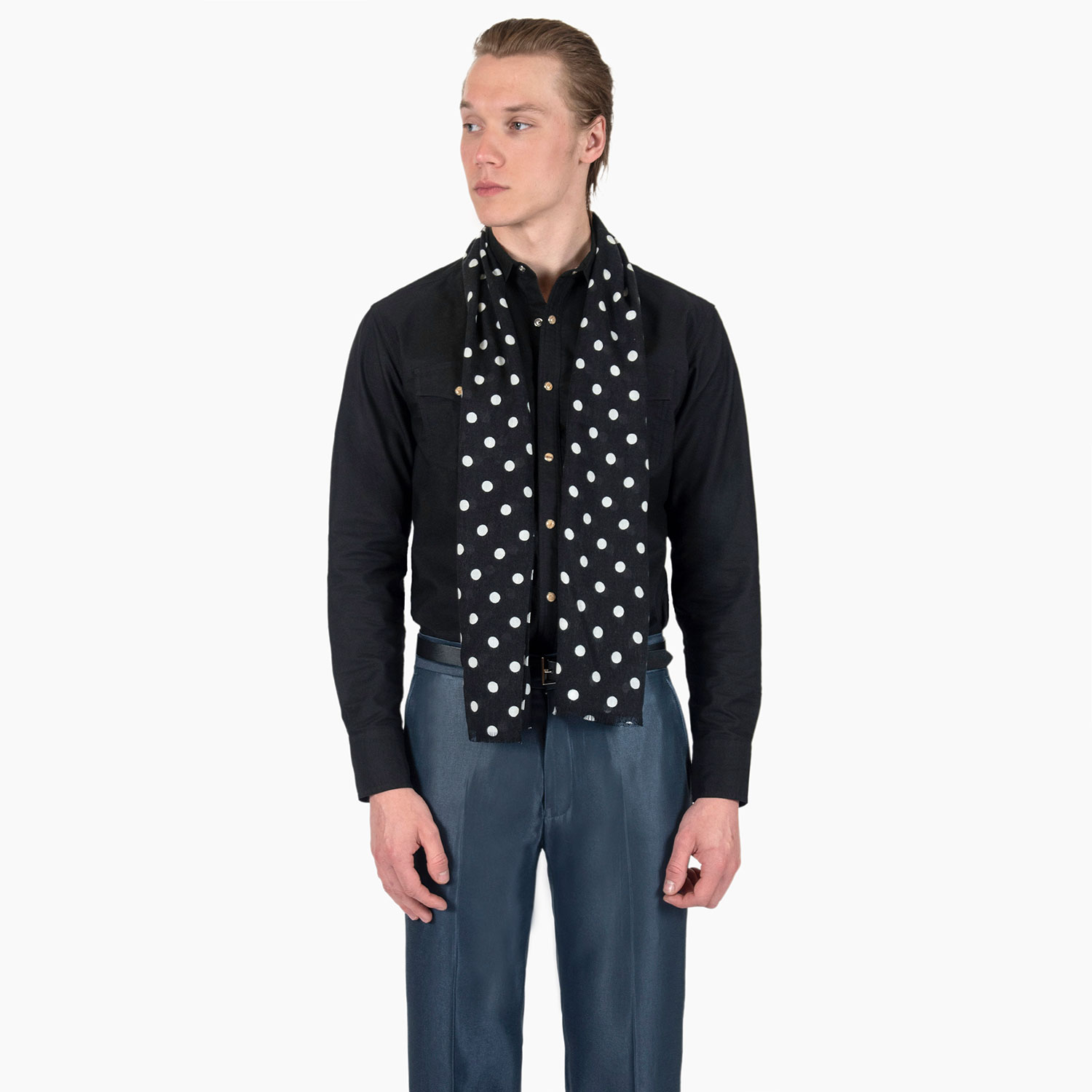 The Prince of Tears is a medium weight, polka dot scarf measuring 58 inches. Made to be worn long in front or wrapped around the neck.