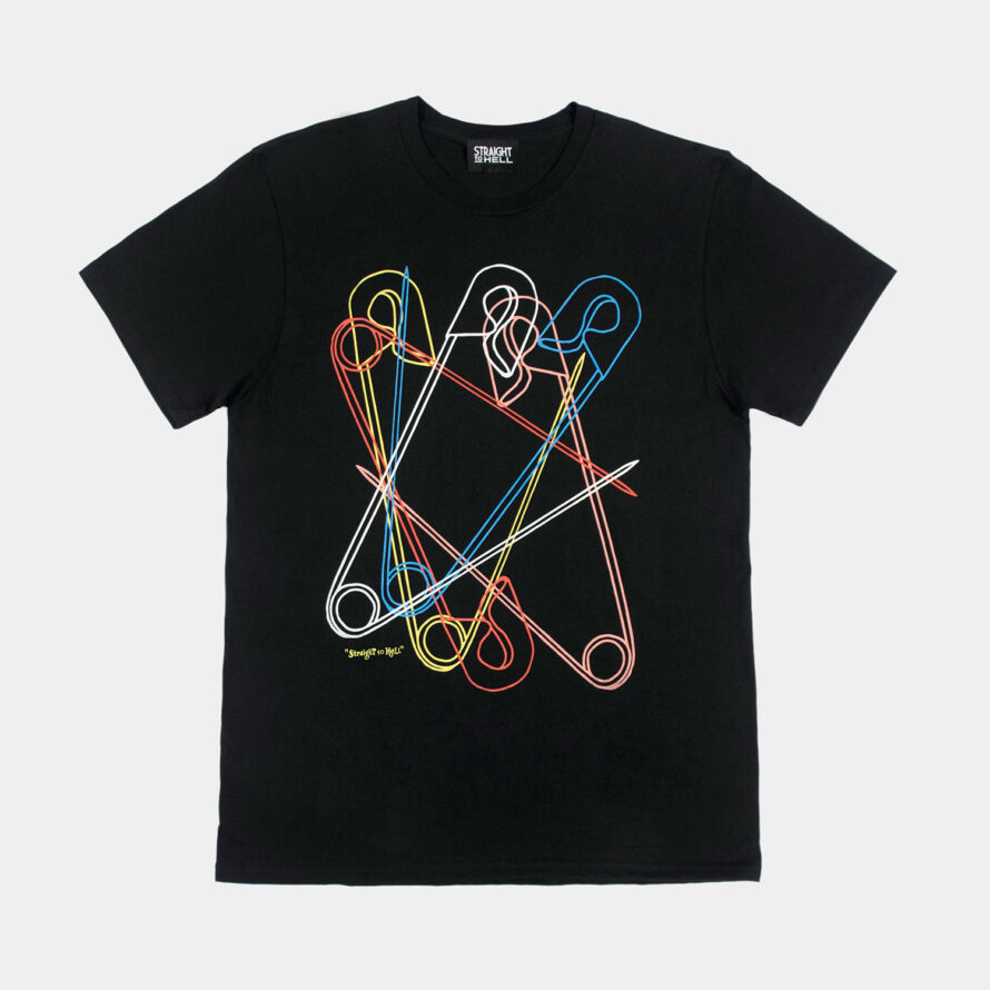 Nothing but safety pins and the correct attitude. Short sleeve t-shirt made from soft cotton. Printed in-house in Chicago. This is our Everyday fit.