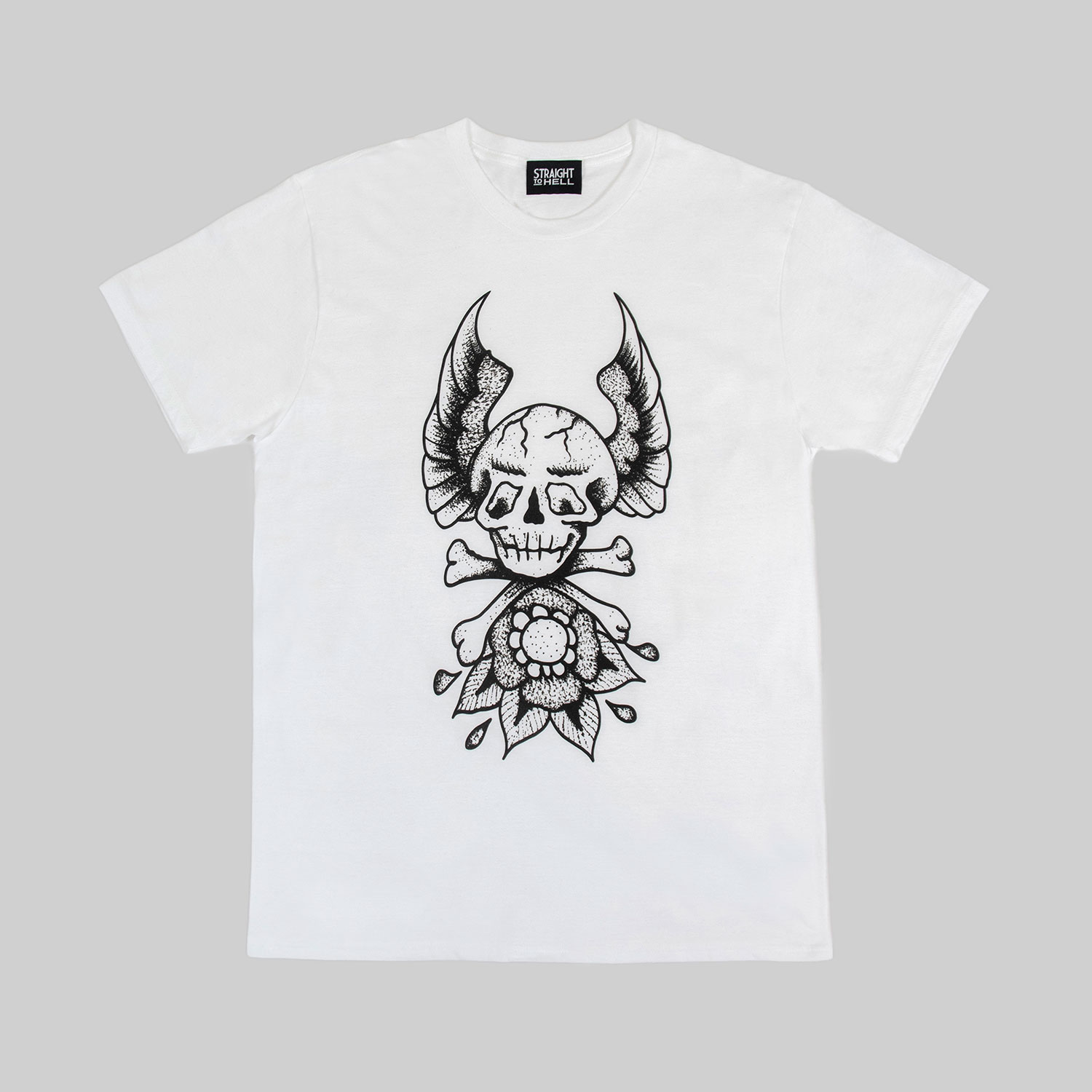 Somewhere between bad taste and outlaw style lives the kind of tattoo flash your mother warned you about, and that your grandfather probably had. Short sleeve t-shirt made from soft cotton. Printed in-house in Chicago. This is our Everyday fit. If unsure of your size, email or DM so we can assist. Everyday fit: standard fit. Men can wear your usual size. Women can also wear in a unisex fit by sizing down one time. Water-based ink washes to a vintage look and feel. Printed in Chicago, Illinois, USA.