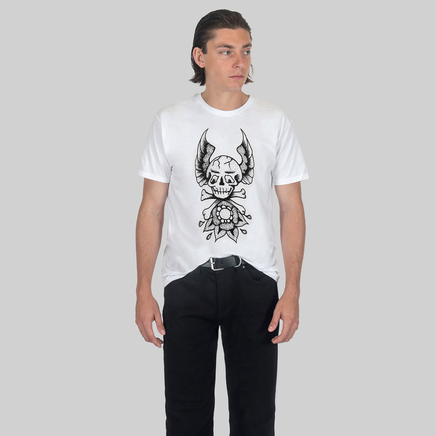 Somewhere between bad taste and outlaw style lives the kind of tattoo flash your mother warned you about, and that your grandfather probably had. Short sleeve t-shirt made from soft cotton. Printed in-house in Chicago. This is our Everyday fit. If unsure of your size, email or DM so we can assist. Everyday fit: standard fit. Men can wear your usual size. Women can also wear in a unisex fit by sizing down one time. Water-based ink washes to a vintage look and feel. Printed in Chicago, Illinois, USA.