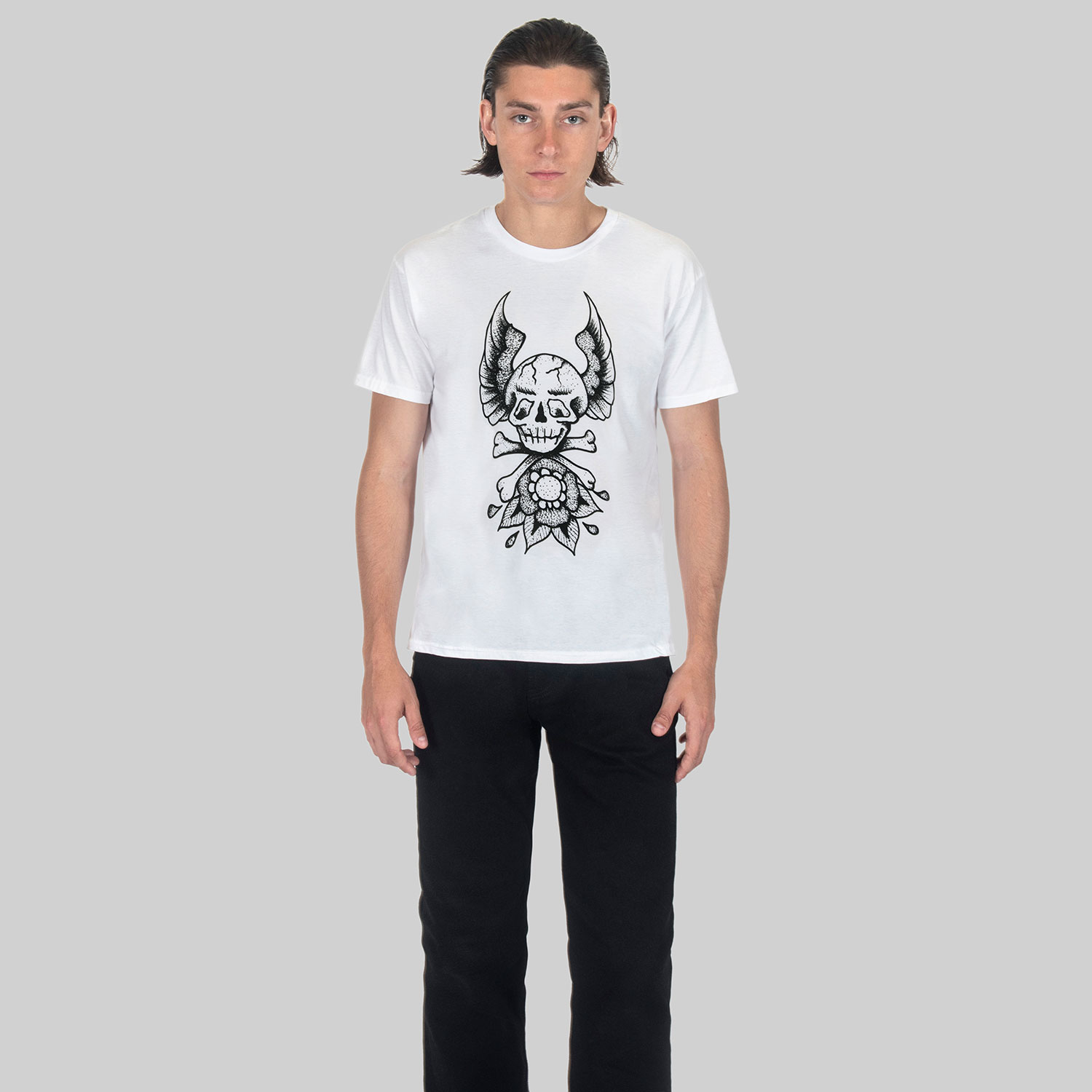 Somewhere between bad taste and outlaw style lives the kind of tattoo flash your mother warned you about, and that your grandfather probably had. Short sleeve t-shirt made from soft cotton. Printed in-house in Chicago. This is our Everyday fit. If unsure of your size, email or DM so we can assist. Everyday fit: standard fit. Men can wear your usual size. Women can also wear in a unisex fit by sizing down one time. Water-based ink washes to a vintage look and feel. Printed in Chicago, Illinois, USA.