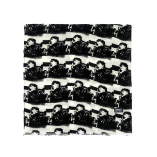The World Was a Mess but His Hair Was Perfect scarf features a black and white image of a rock and roll singer. This is a medium weight, 58 inch long scarf. Made to be worn long in front or wrapped around the neck.
