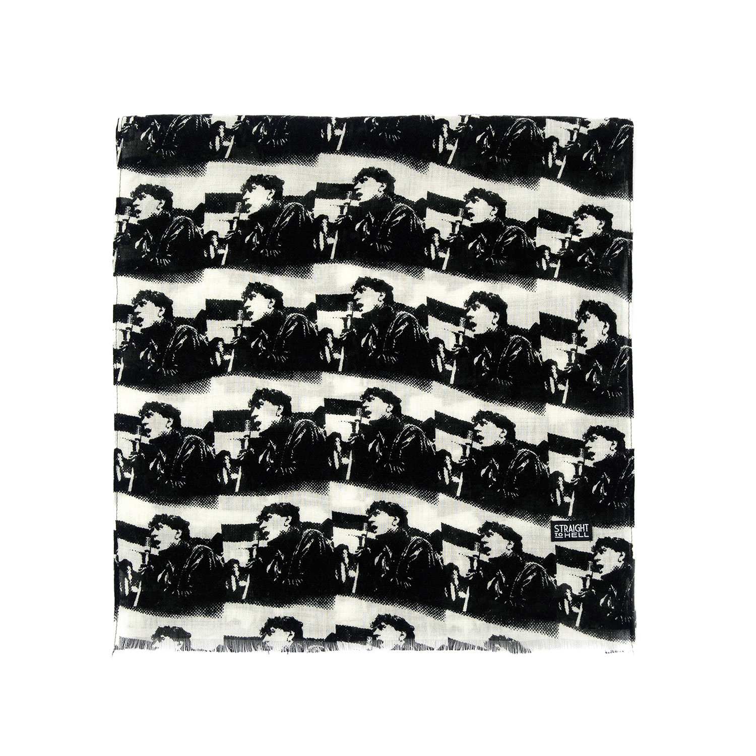The World Was a Mess but His Hair Was Perfect scarf features a black and white image of a rock and roll singer. This is a medium weight, 58 inch long scarf. Made to be worn long in front or wrapped around the neck.