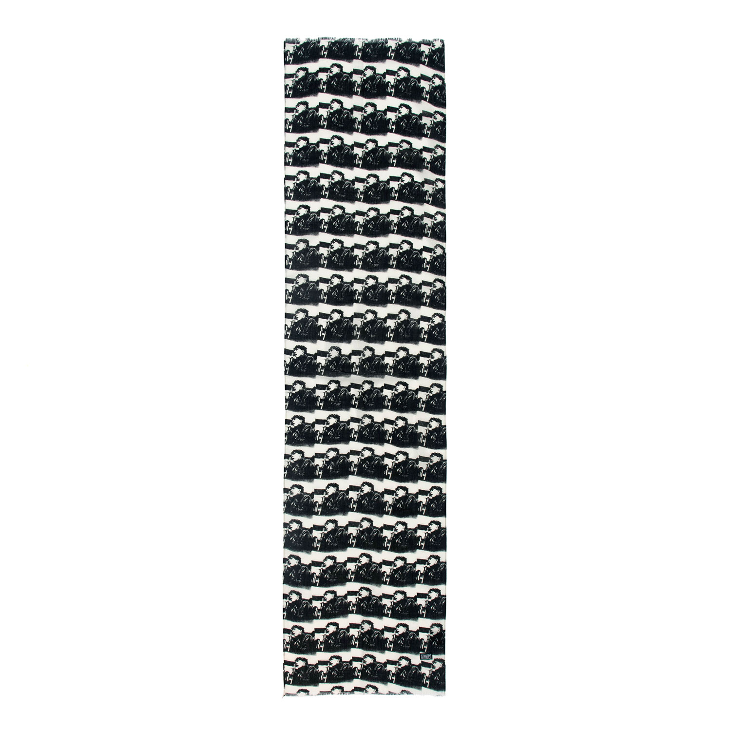 The World Was a Mess but His Hair Was Perfect scarf features a black and white image of a rock and roll singer. This is a medium weight, 58 inch long scarf. Made to be worn long in front or wrapped around the neck.