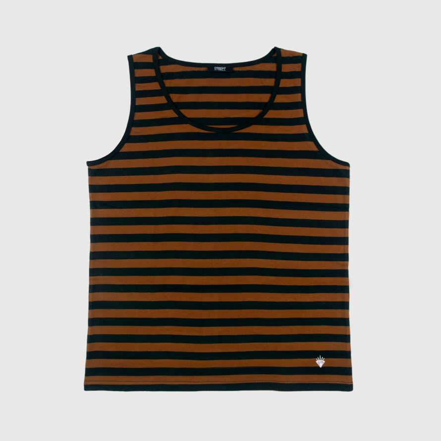 The Richie is a black and brown, short sleeve striped tank top. This soft cotton-poly blend allows the fabric to drape comfortably on your torso. It features a subtle diamond embroidered on the lower corner. This is our Bucktown fit.
