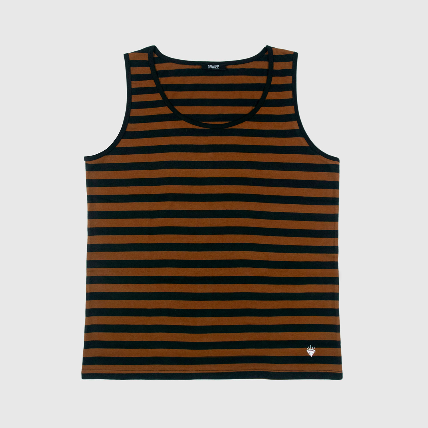 The Richie is a black and brown, short sleeve striped tank top. This soft cotton-poly blend allows the fabric to drape comfortably on your torso. It features a subtle diamond embroidered on the lower corner. This is our Bucktown fit.