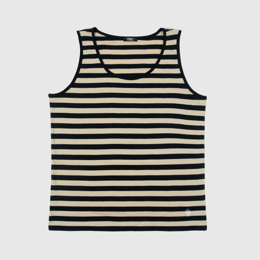 The Richie is a black and cream, short sleeve striped tank top. This soft cotton-poly blend allows the fabric to drape comfortably on your torso. It features a subtle diamond embroidered on the lower corner. This is our Bucktown fit.