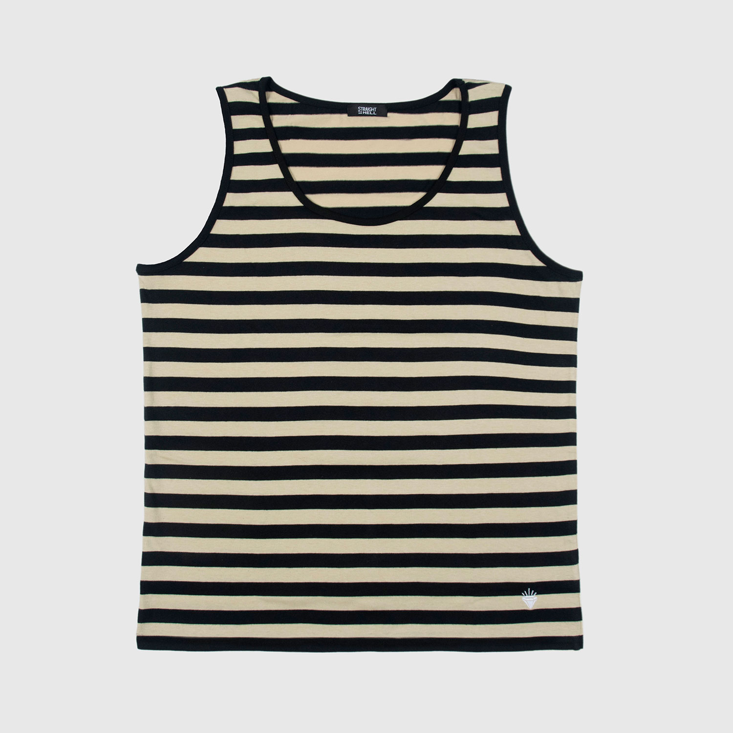 The Richie is a black and cream, short sleeve striped tank top. This soft cotton-poly blend allows the fabric to drape comfortably on your torso. It features a subtle diamond embroidered on the lower corner. This is our Bucktown fit.