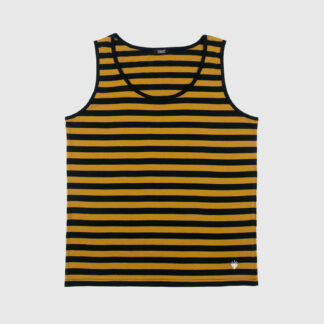 The Richie is a black and yellow striped tank top. This soft cotton-poly blend allows the fabric to drape comfortably on your torso. It features a subtle diamond embroidered on the lower corner.