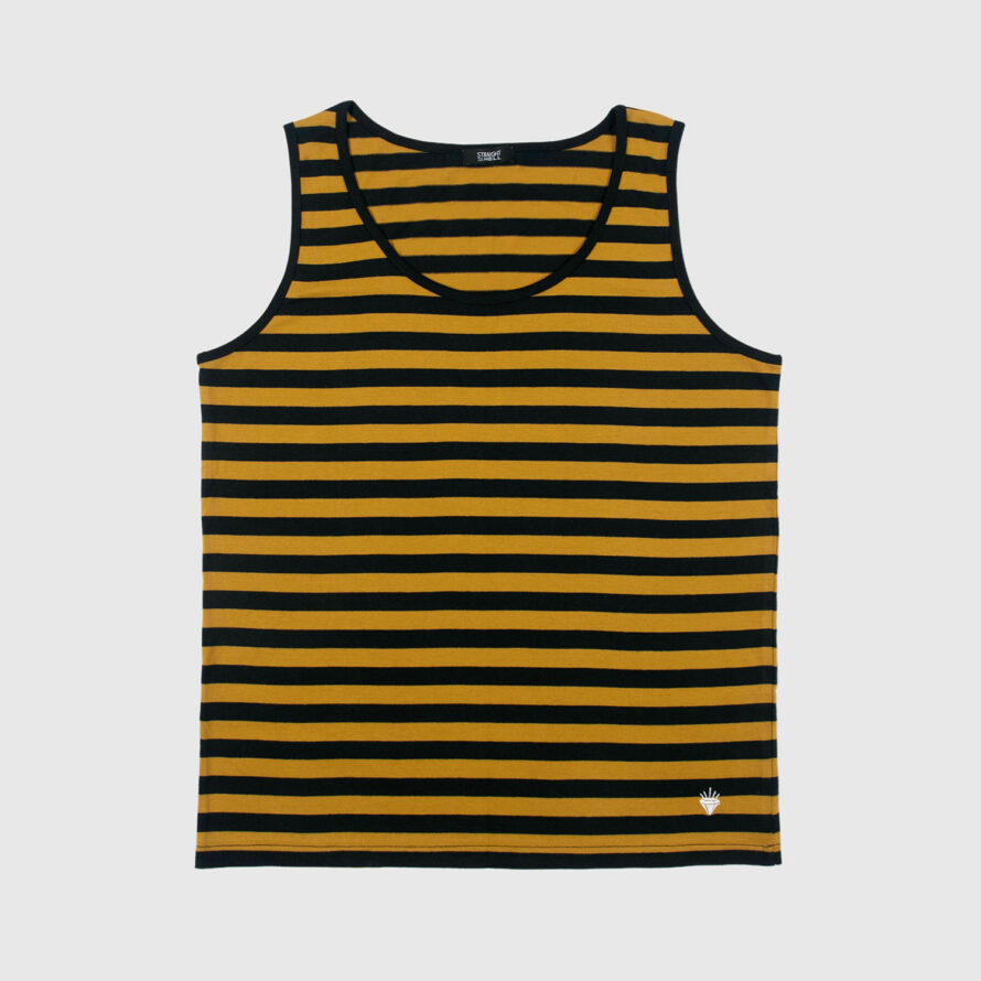 The Richie is a black and yellow striped tank top. This soft cotton-poly blend allows the fabric to drape comfortably on your torso. It features a subtle diamond embroidered on the lower corner.