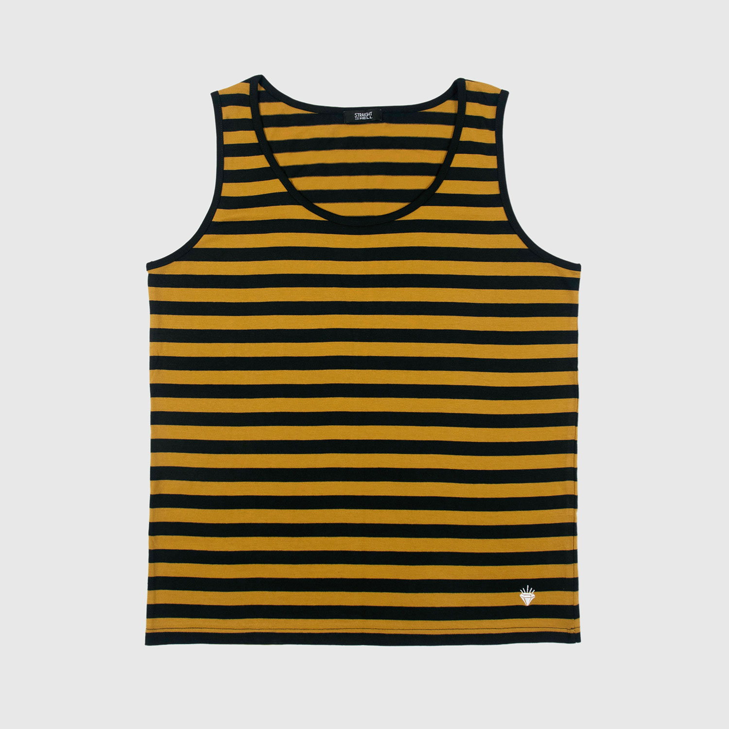 The Richie is a black and yellow striped tank top. This soft cotton-poly blend allows the fabric to drape comfortably on your torso. It features a subtle diamond embroidered on the lower corner.