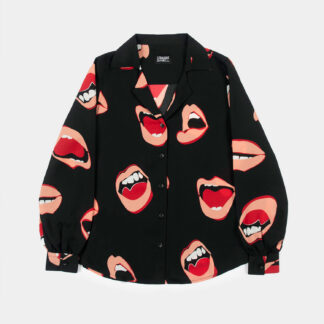 The Talk To Me long sleeve shirt, filled with retro open mouth artwork. Semi-sheer fabric meets a deep-V button-up closure and subtle balloon sleeves. This is our Casual fit.