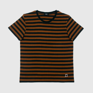 The Teddy is a black and yellow, short sleeve striped t-shirt. This soft cotton-poly blend allows the fabric to drape comfortably on your torso. It features a subtle music note embroidered on the lower corner. This is our Bucktown fit.