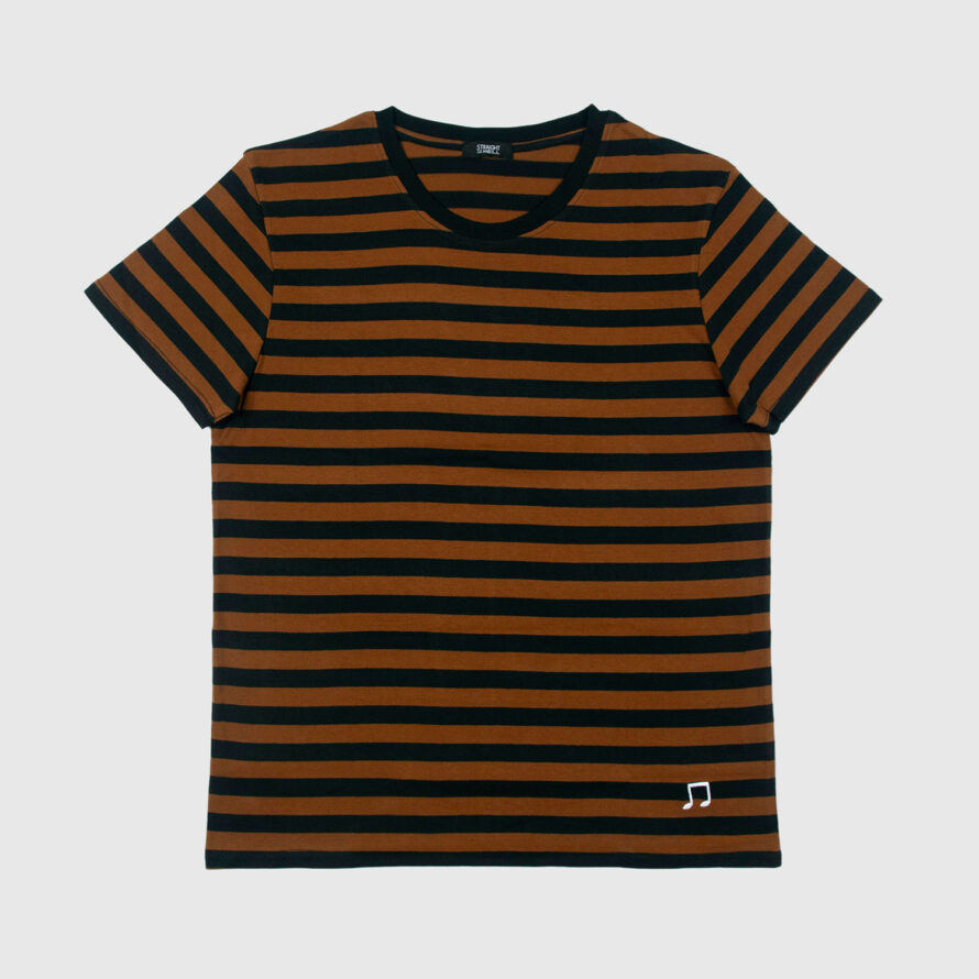 The Teddy is a black and yellow, short sleeve striped t-shirt. This soft cotton-poly blend allows the fabric to drape comfortably on your torso. It features a subtle music note embroidered on the lower corner. This is our Bucktown fit.