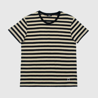 The Teddy is a black and cream, short sleeve striped t-shirt. This soft cotton-poly blend allows the fabric to drape comfortably on your torso. It features a subtle music note embroidered on the lower corner. This is our Bucktown fit.