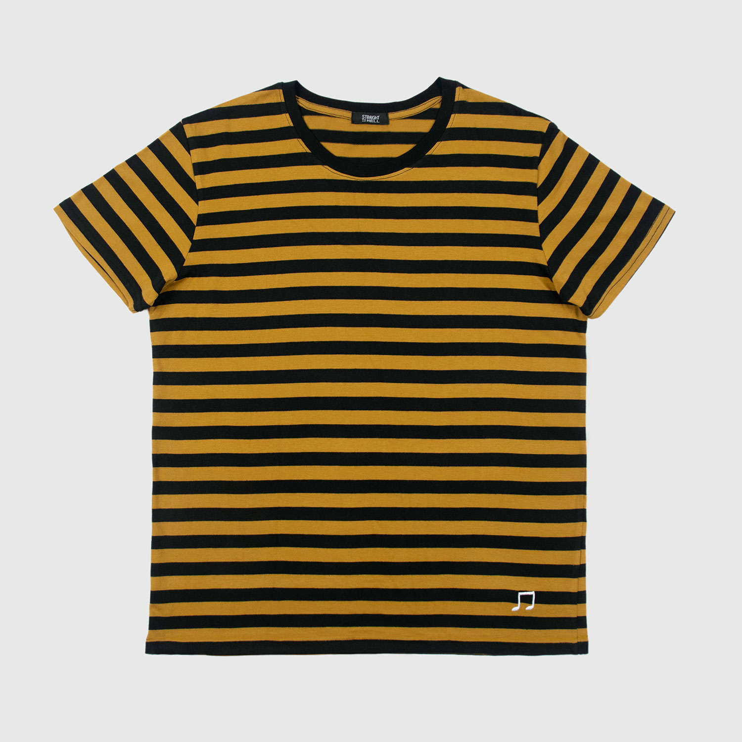 The Teddy is a black and yellow, short sleeve striped t-shirt. This soft cotton-poly blend allows the fabric to drape comfortably on your torso. This is our Bucktown fit.