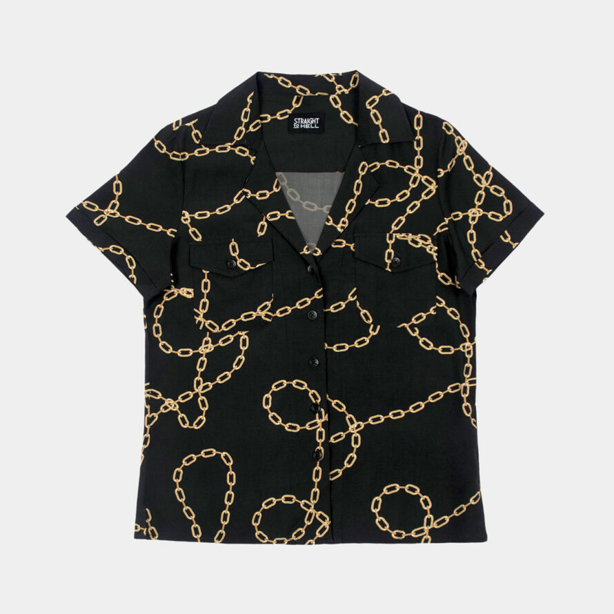 The Chains of Love shirt, filled with our chains artwork. Soft cream fabric meets a deep-V button-up closure, dual chest pockets, and cuffed short sleeves in our Casual fit.